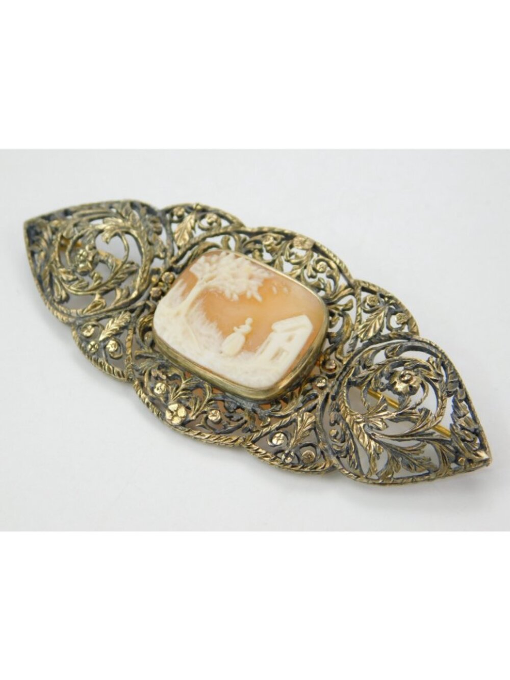 Antique 14k Gold 3.25" Filigree Floral Carved Shell Landscape Cameo Brooch Pin - Picture 4 of 16